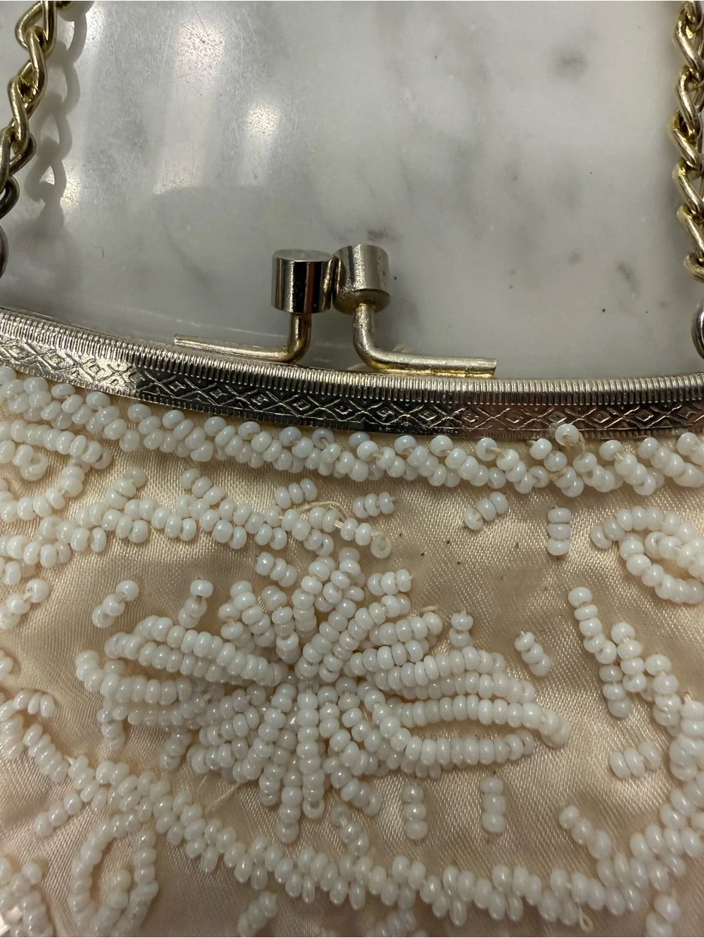 Vintage Beaded Cream Evening Handbag with Chain Handle